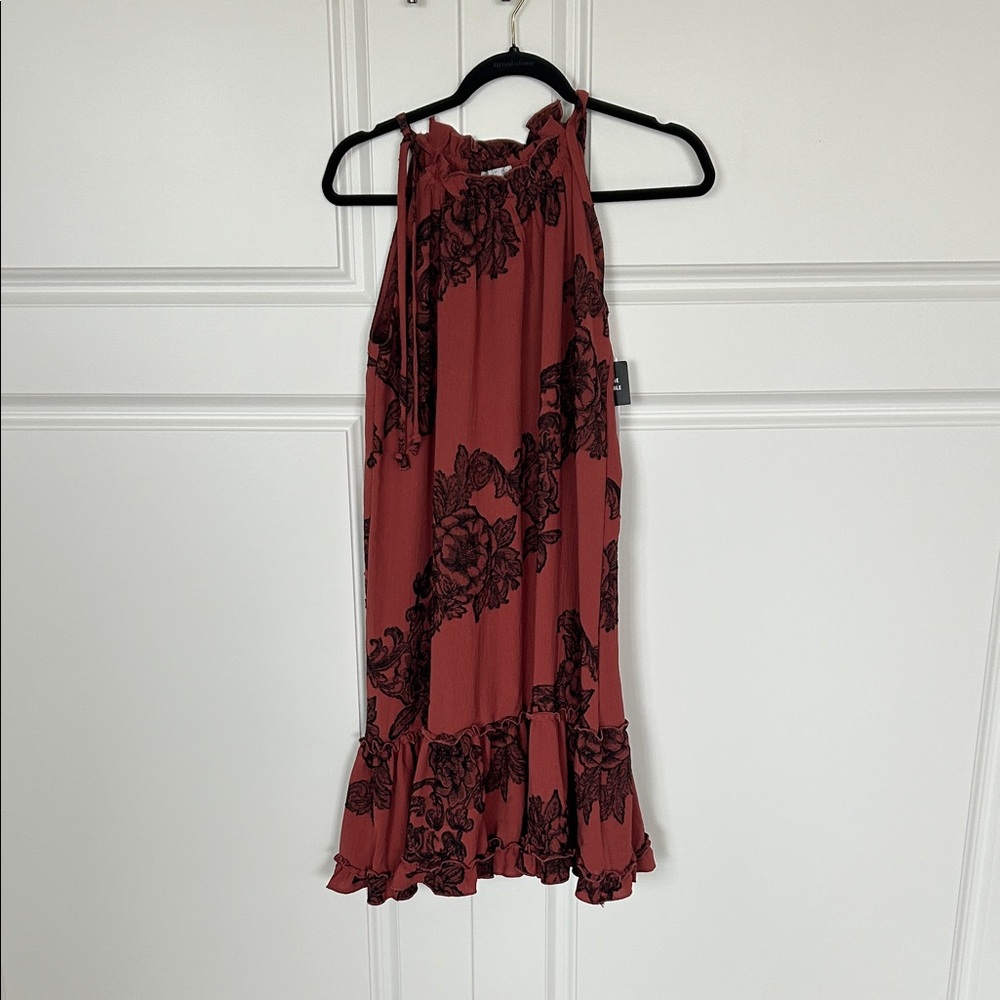 NWT Signature by Robbie Bee Rust Halter Midi Dress with Black Floral Print
